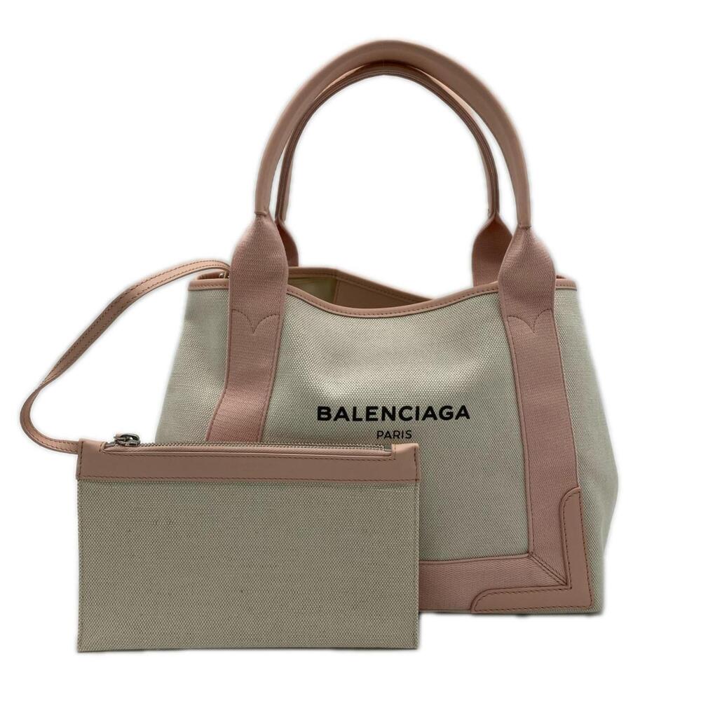 BALENCIAGA Navy Cabas S 339933 Handbag, Ivory Pink Canvas, Women's